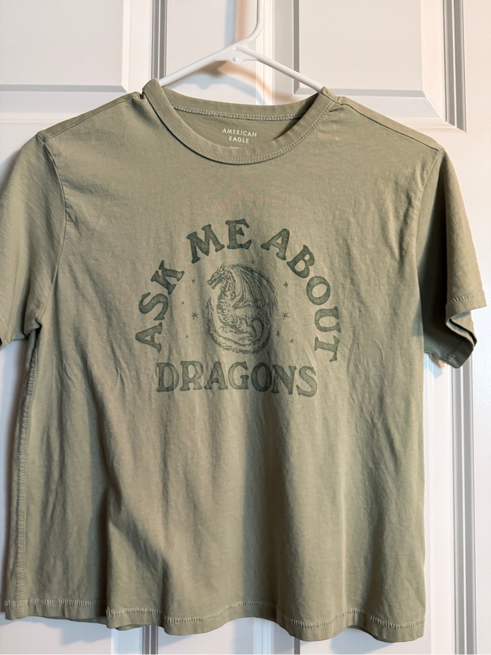 American Eagle Outfitters Olive Green Graphic Tee - Dragons Print
